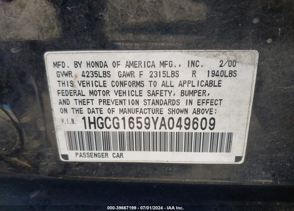 2000 HONDA ACCORD 3.0 EX VIN: 1HGCG1659YA049609
