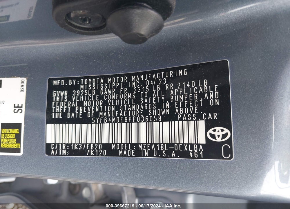 2023 TOYOTA COROLLA LE VIN: 5YFB4MDE8PP036058