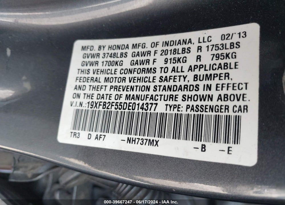 2013 HONDA CIVIC LX VIN: 19XFB2F55DE014377