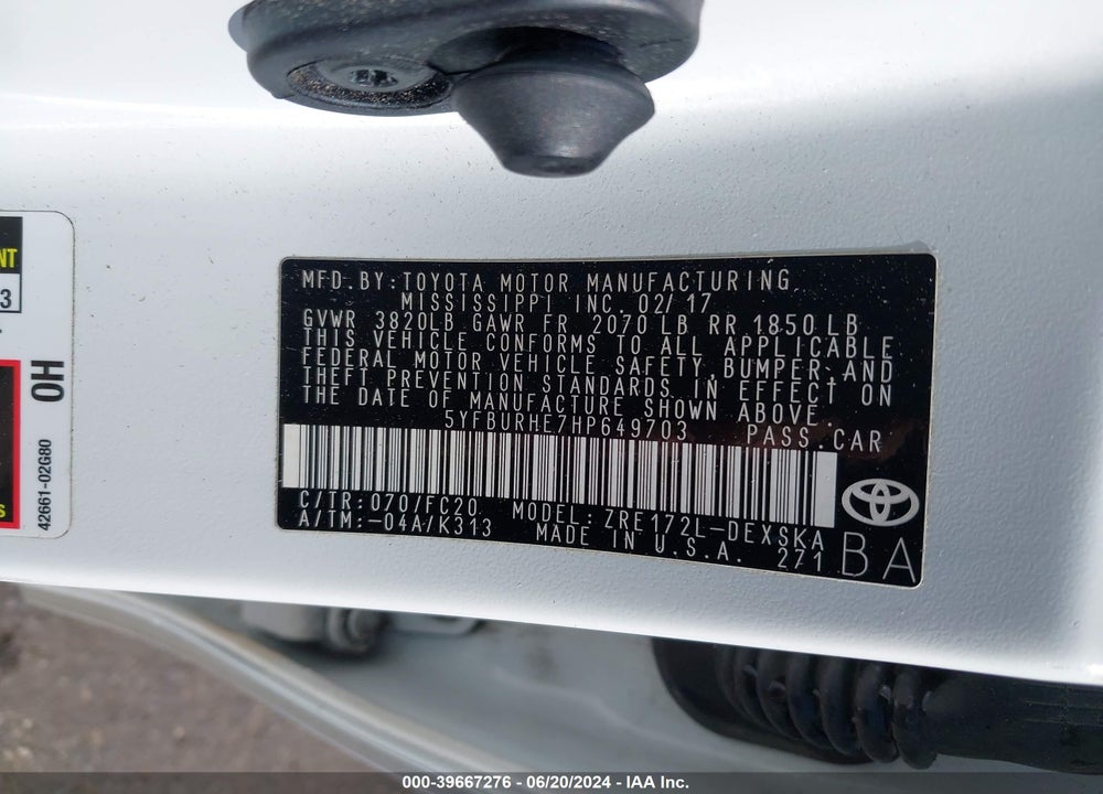 2017 TOYOTA COROLLA SE SPECIAL EDITION VIN: 5YFBURHE7HP649703