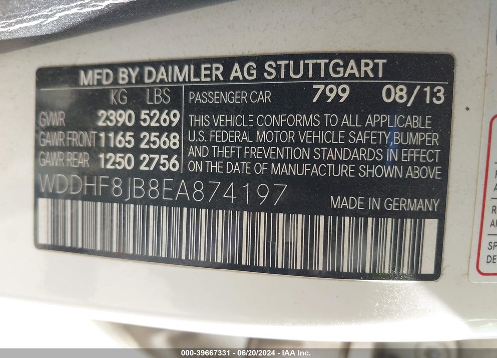 2014 MERCEDES-BENZ E 350 4MATIC VIN: WDDHF8JB8EA874197