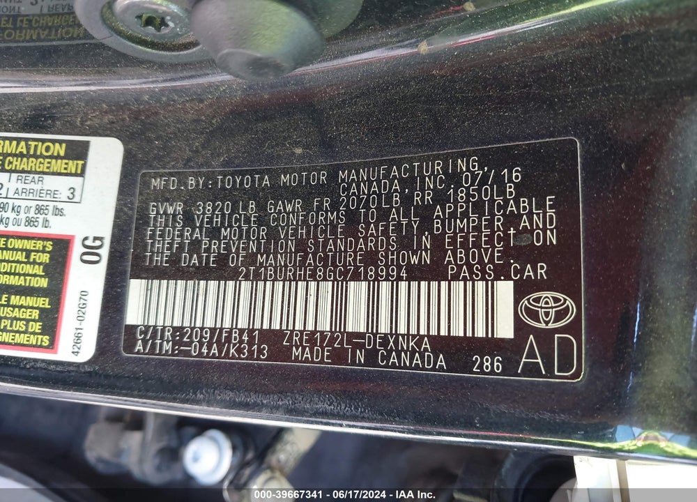 2016 TOYOTA COROLLA LE VIN: 2T1BURHE8GC718994