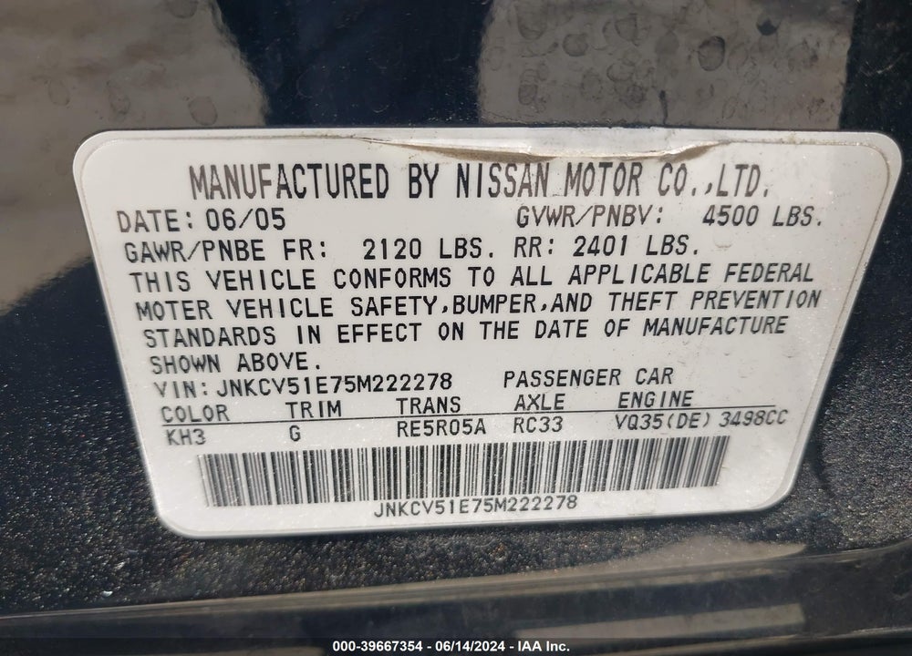 2005 INFINITI G35 VIN: JNKCV51E75M222278