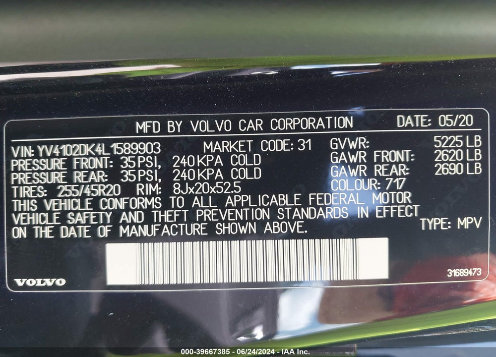 2020 VOLVO XC60 T5 MOMENTUM VIN: YV4102DK4L1589903