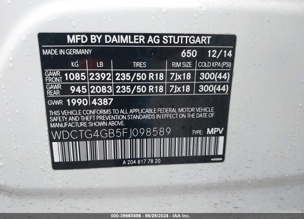 2015 MERCEDES-BENZ GLA-CLASS VIN: WDCTG4GB5FJ098589