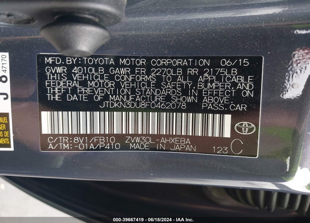 2015 TOYOTA PRIUS VIN: JTDKN3DU8F0462078