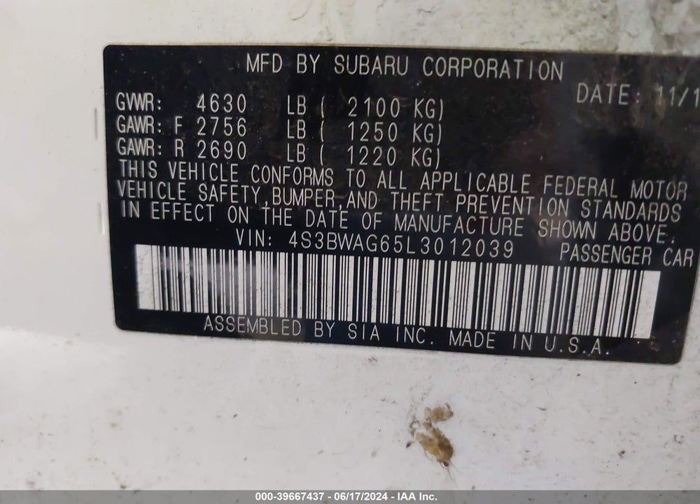 2020 SUBARU LEGACY SPORT VIN: 4S3BWAG65L3012039