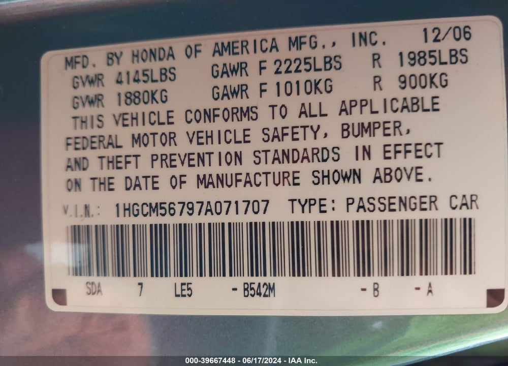 2007 HONDA ACCORD 2.4 EX VIN: 1HGCM56797A071707
