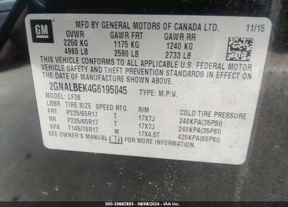 2016 CHEVROLET EQUINOX LS VIN: 2GNALBEK4G6195045