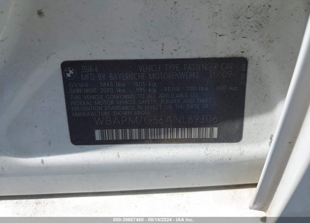 2010 BMW 335I VIN: WBAPM7G56ANL89306