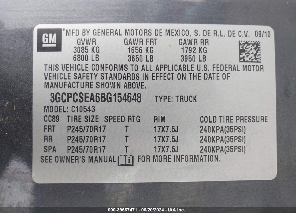 2011 CHEVROLET SILVERADO 1500 LT VIN: 3GCPCSEA6BG154648