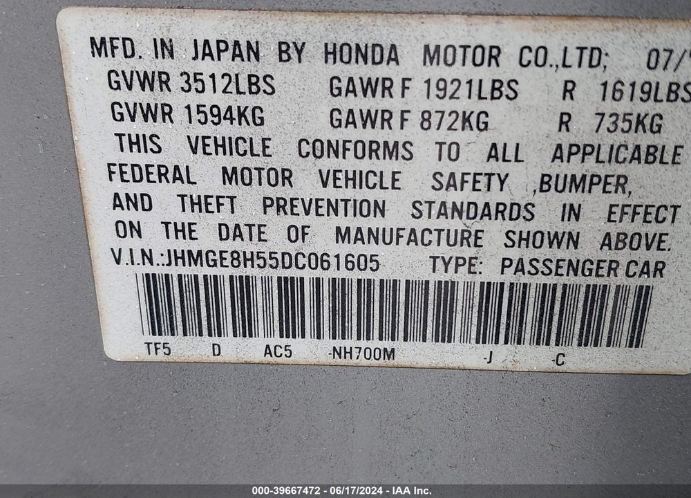 2013 HONDA FIT SPORT VIN: JHMGE8H55DC061605