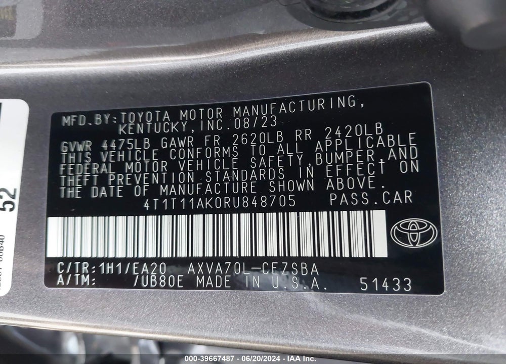 2024 TOYOTA CAMRY SE VIN: 4T1T11AK0RU848705