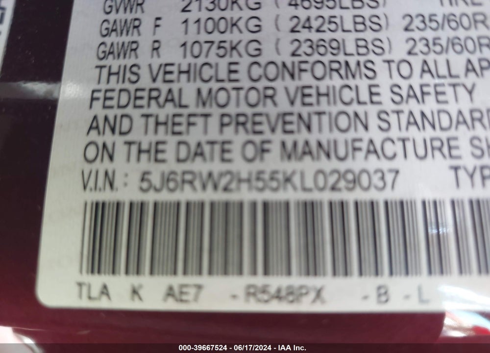 2019 HONDA CR-V EX VIN: 5J6RW2H55KL029037