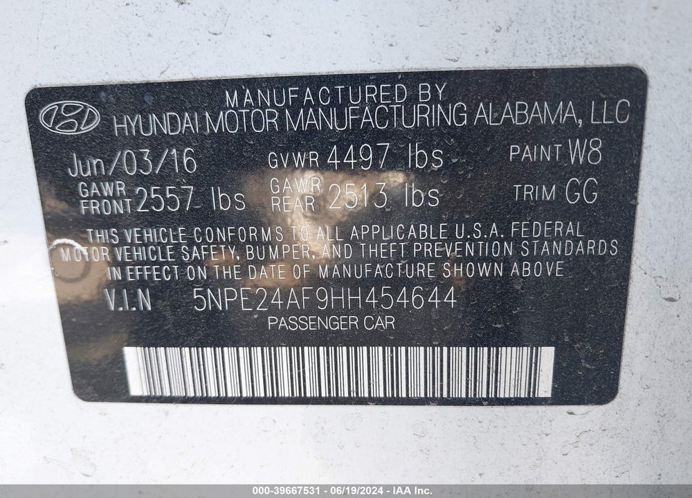 2017 HYUNDAI SONATA VIN: 5NPE24AF9HH454644