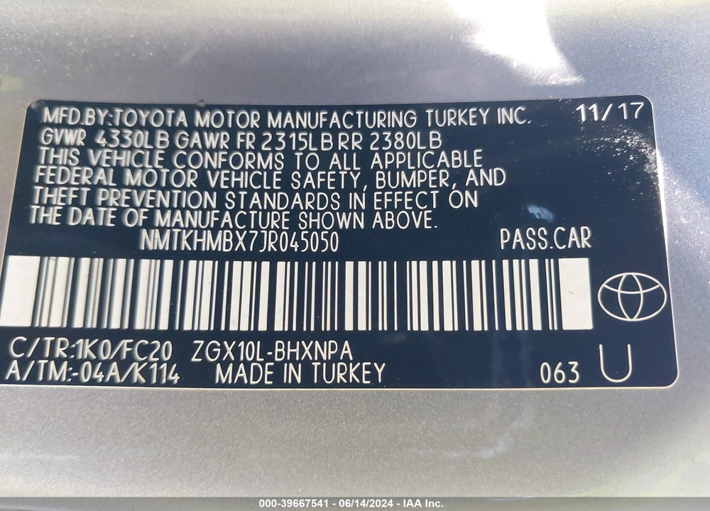 2018 TOYOTA C-HR XLE VIN: NMTKHMBX7JR045050