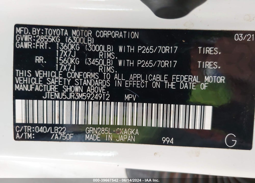 2021 TOYOTA 4RUNNER SR5 PREMIUM VIN: JTENU5JR3M5924912