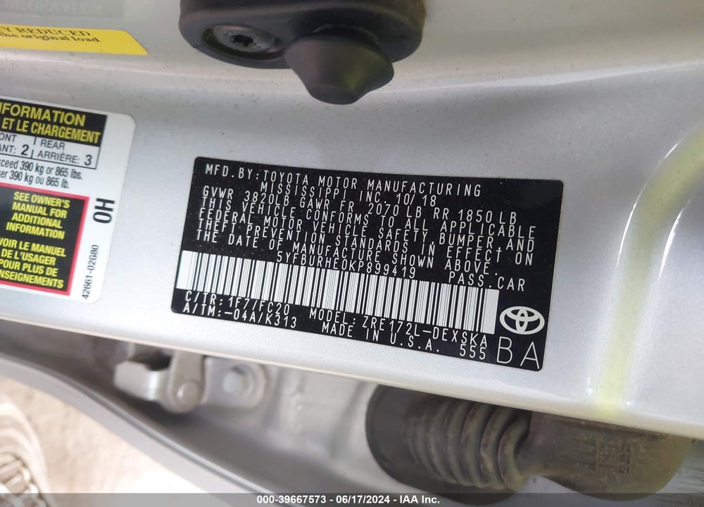 2019 TOYOTA COROLLA SE VIN: 5YFBURHE0KP899419