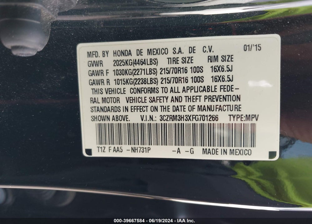 2015 HONDA CR-V LX VIN: 3CZRM3H3XFG701266