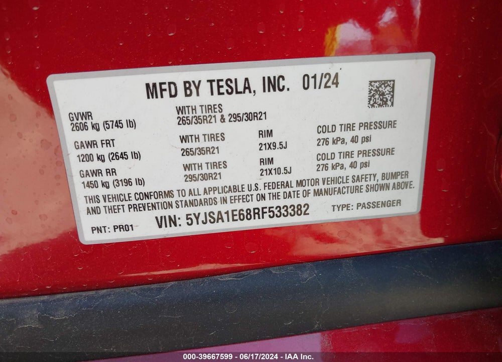 2024 TESLA MODEL S PLAID TRI MOTOR ALL-WHEEL DRIVE VIN: 5YJSA1E68RF533382