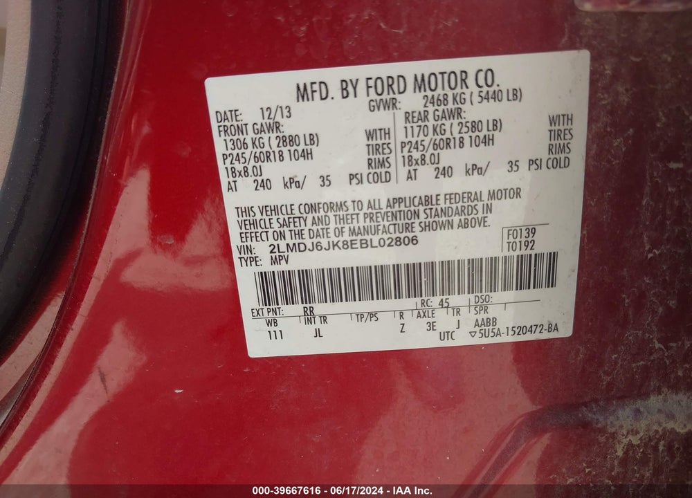 2014 LINCOLN MKX VIN: 2LMDJ6JK8EBL02806