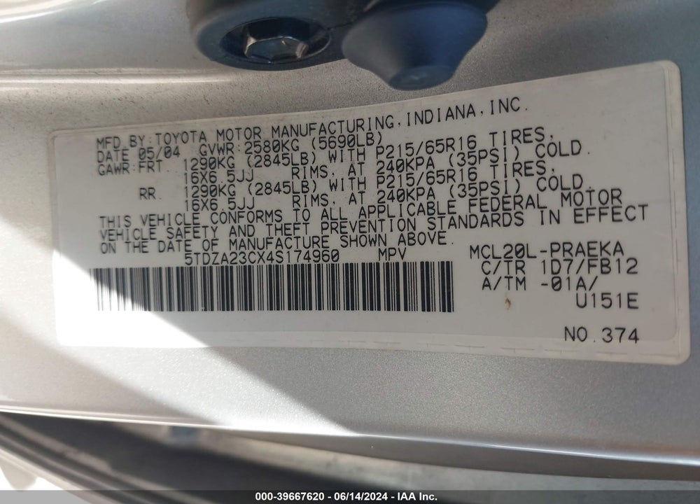 2004 TOYOTA SIENNA LE VIN: 5TDZA23CX4S174960