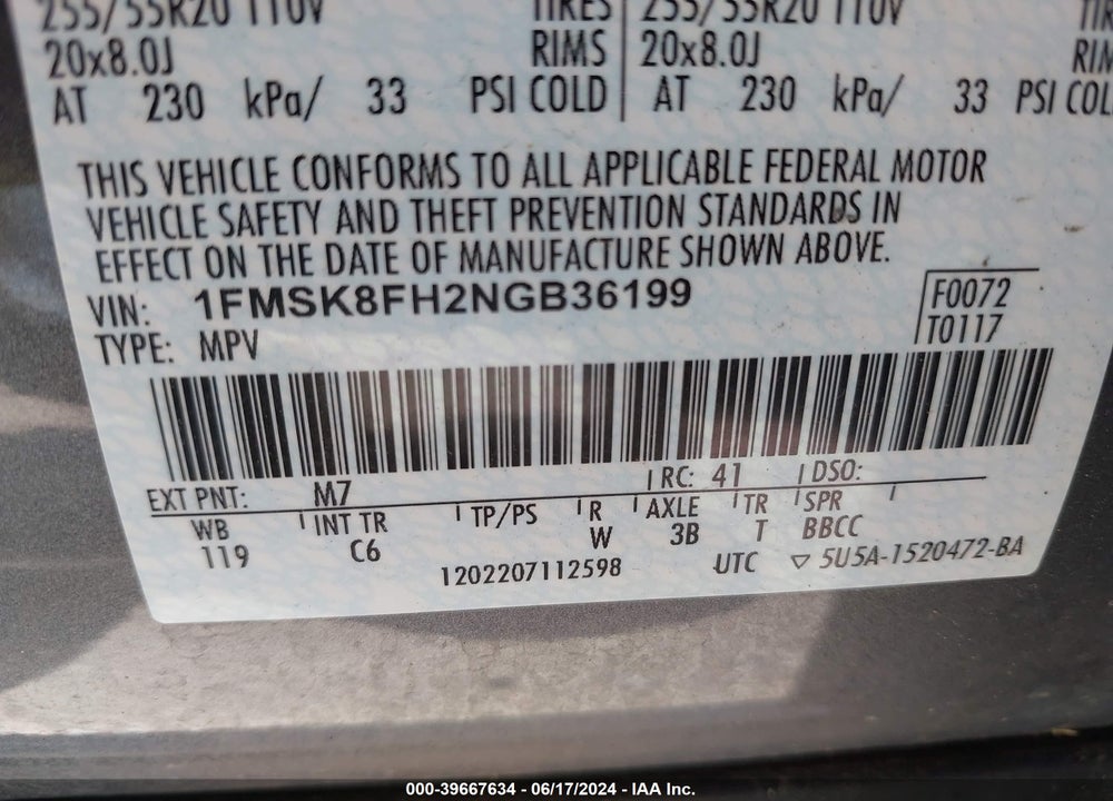 2022 FORD EXPLORER LIMITED VIN: 1FMSK8FH2NGB36199