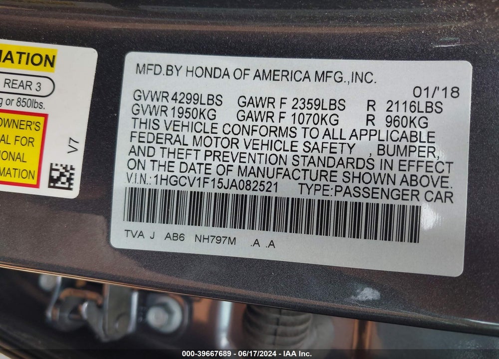 2018 HONDA ACCORD LX VIN: 1HGCV1F15JA082521