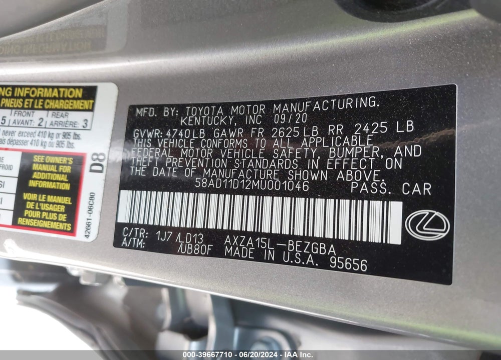 2021 LEXUS ES 250 VIN: 58AD11D12MU001046