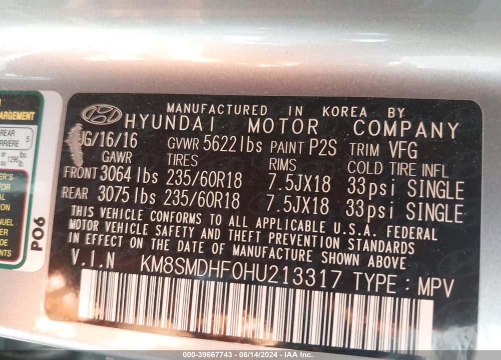 2017 HYUNDAI SANTA FE SE VIN: KM8SMDHF0HU213317