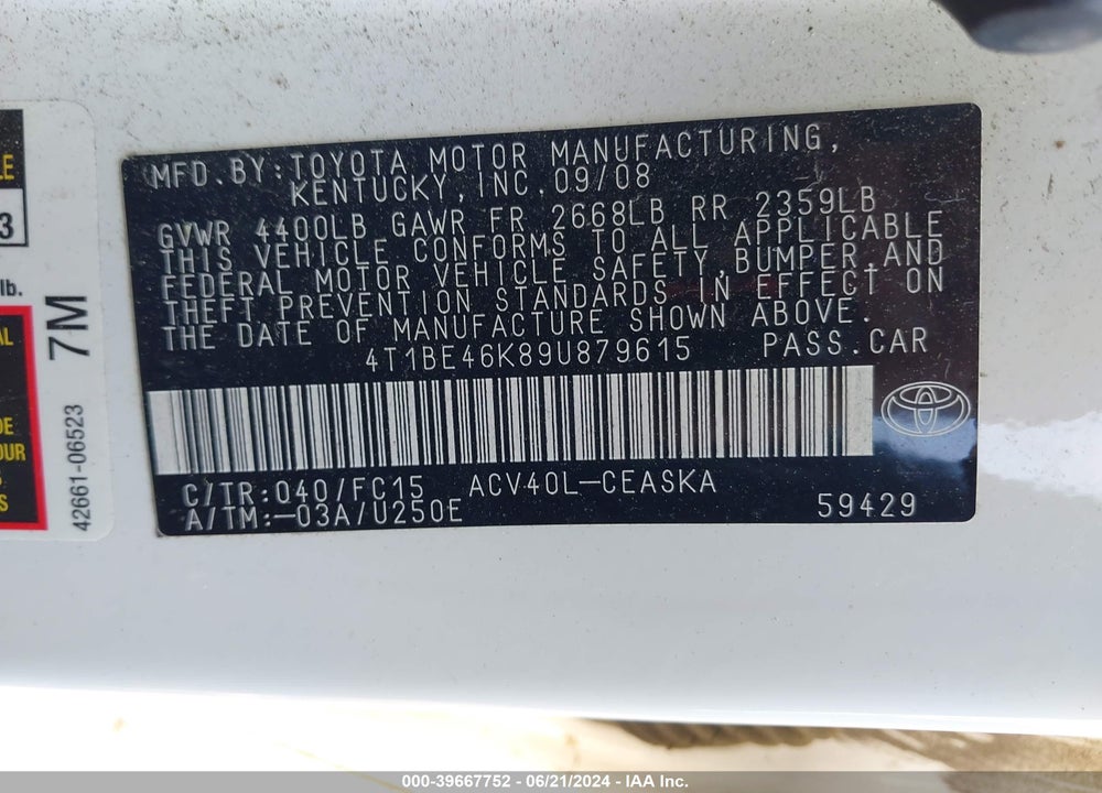 2009 TOYOTA CAMRY SE VIN: 4T1BE46K89U879615
