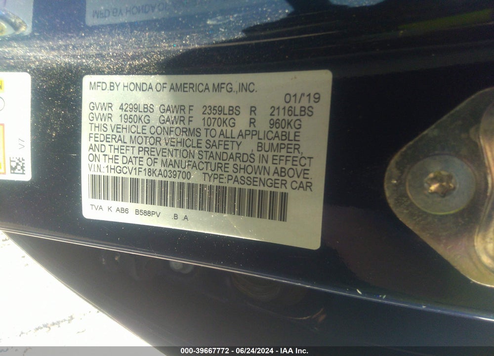 2019 HONDA ACCORD LX VIN: 1HGCV1F18KA039700