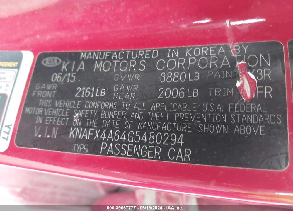 2016 KIA FORTE LX VIN: KNAFX4A64G5480294