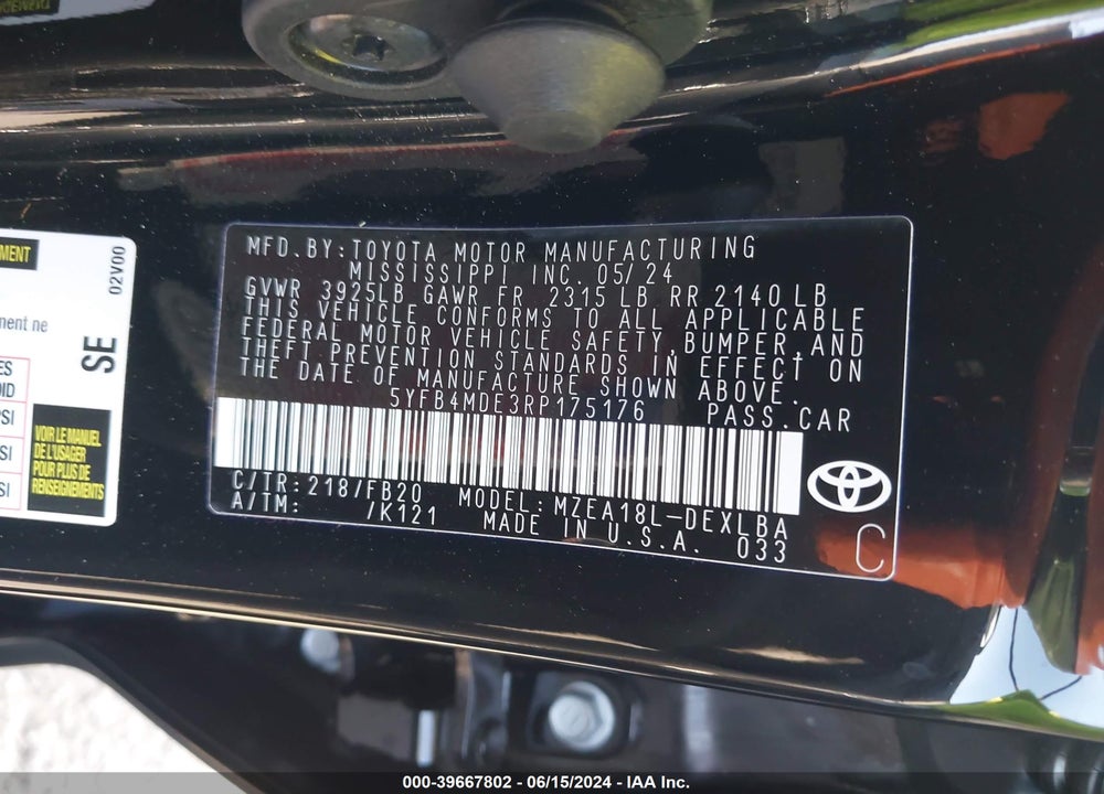 2024 TOYOTA COROLLA VIN: 5YFB4MDE3RP175176