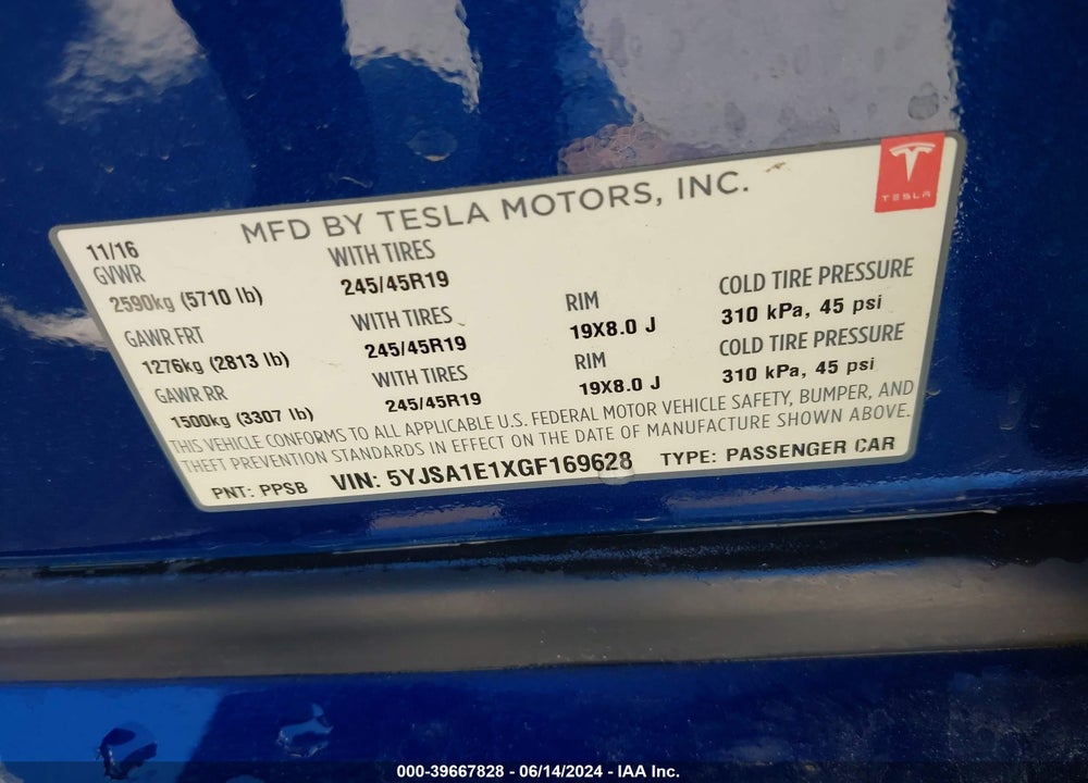 2016 TESLA MODEL S 60/70/75/85 VIN: 5YJSA1E1XGF169628