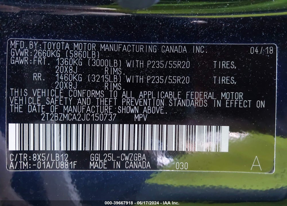 2018 LEXUS RX 350 VIN: 2T2BZMCA2JC150737