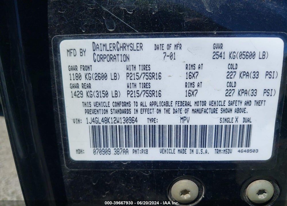 2002 JEEP LIBERTY SPORT VIN: 1J4GL48K12W130964