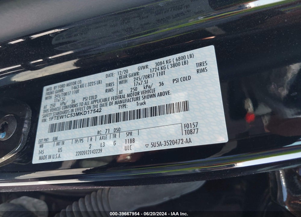 2021 FORD F-150 XLT VIN: 1FTEW1C53MKD17542