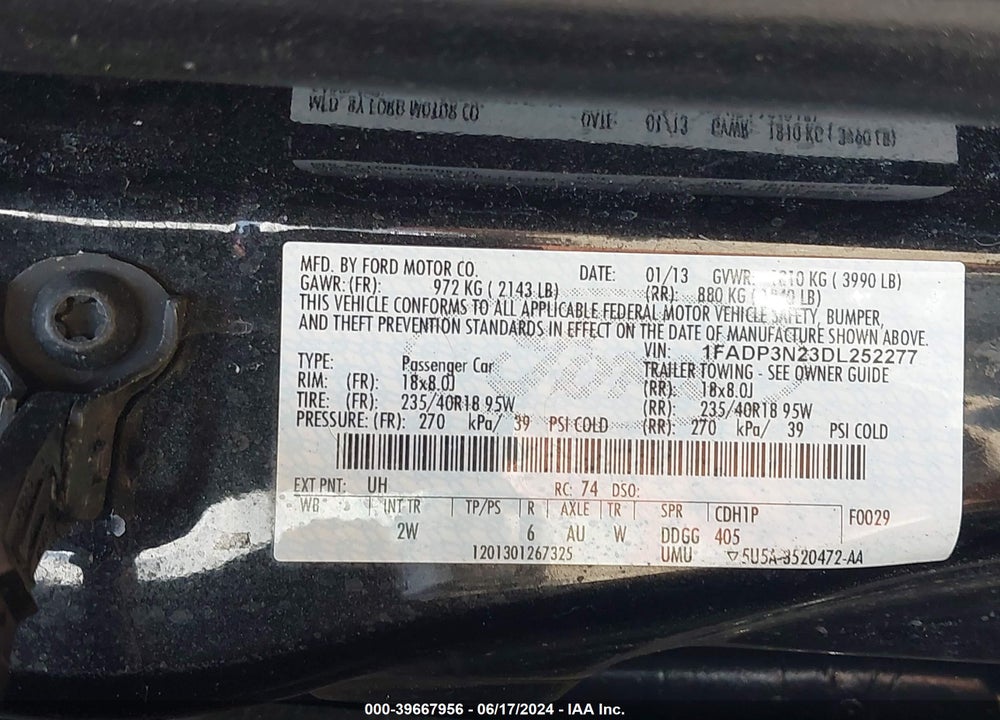 2013 FORD FOCUS TITANIUM VIN: 1FADP3N23DL252277