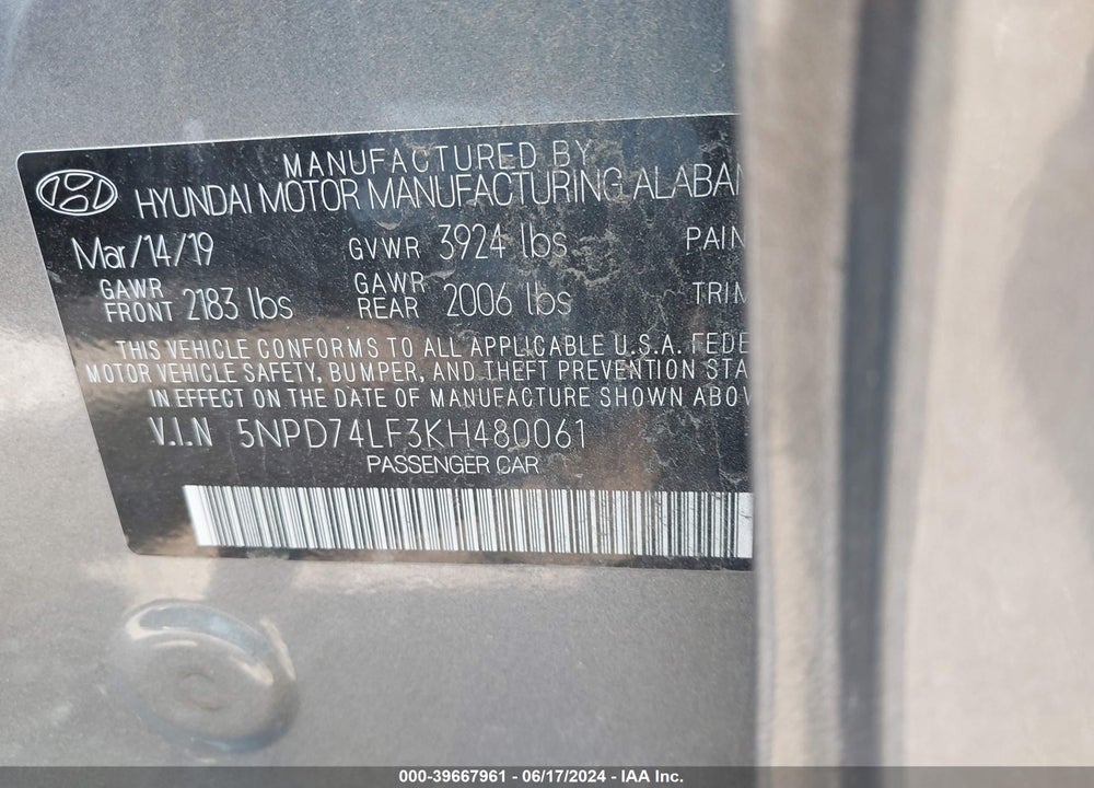 2019 HYUNDAI ELANTRA SE VIN: 5NPD74LF3KH480061