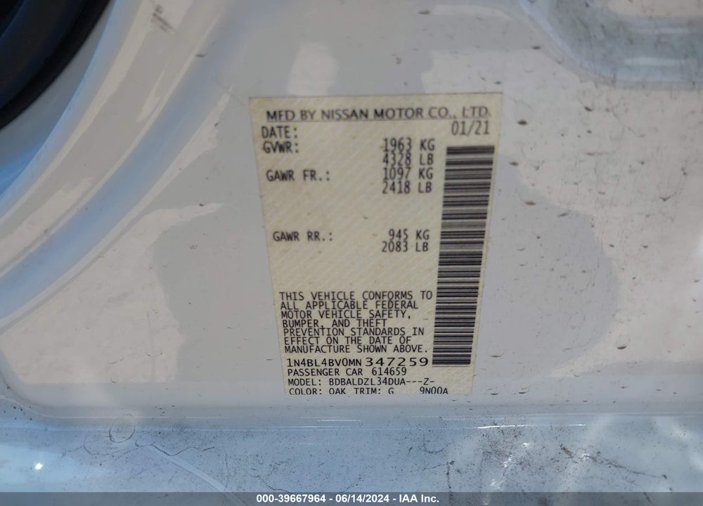 2021 NISSAN ALTIMA S FWD VIN: 1N4BL4BV0MN347259