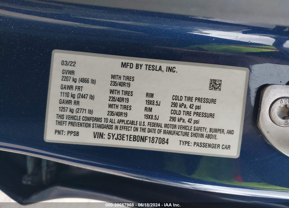 2022 TESLA MODEL 3 LONG RANGE DUAL MOTOR ALL-WHEEL DRIVE VIN: 5YJ3E1EB0NF187084