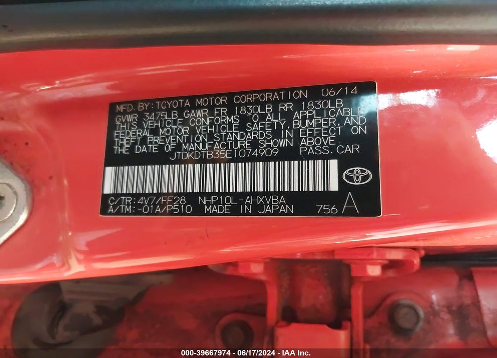 2014 TOYOTA PRIUS C TWO VIN: JTDKDTB35E1074909