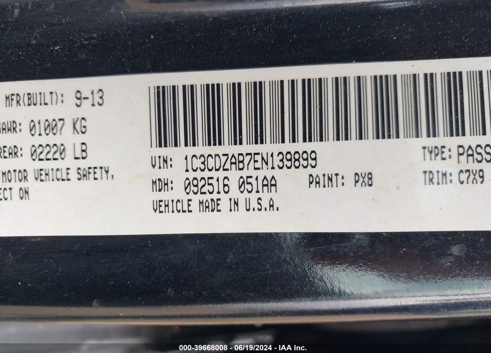 2014 DODGE AVENGER VIN: 1C3CDZAB7EN139899