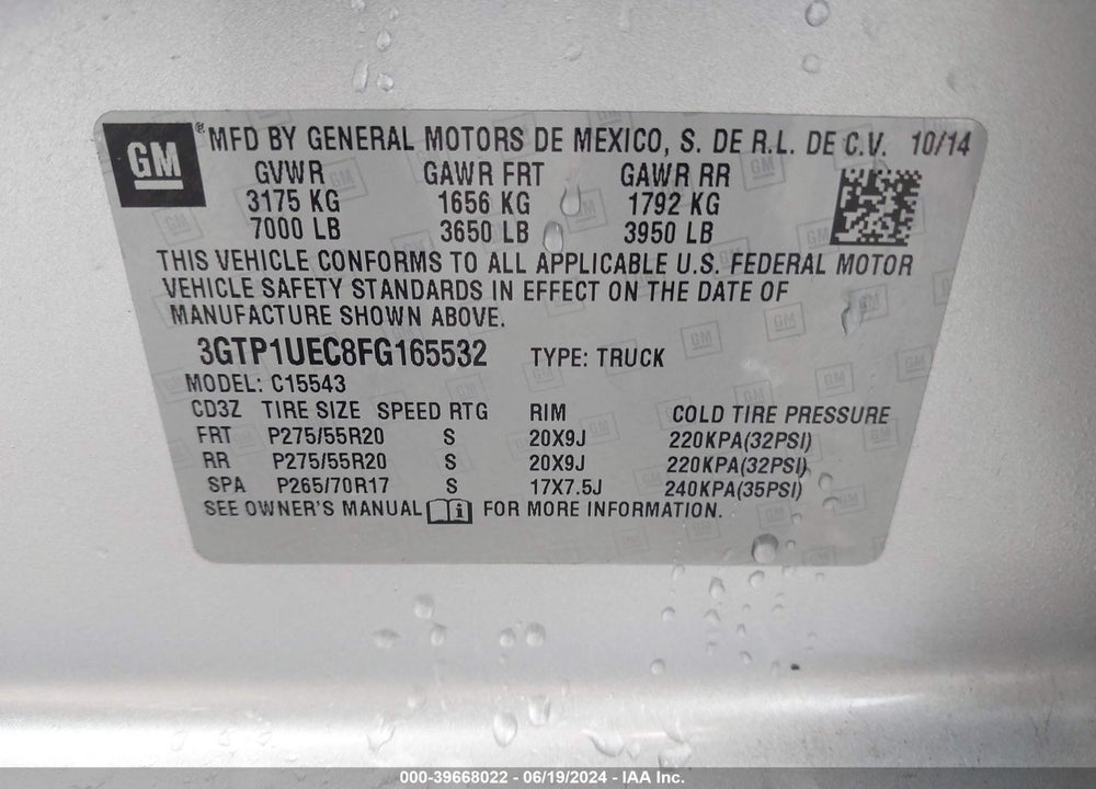 2015 GMC SIERRA 1500 SLE VIN: 3GTP1UEC8FG165532