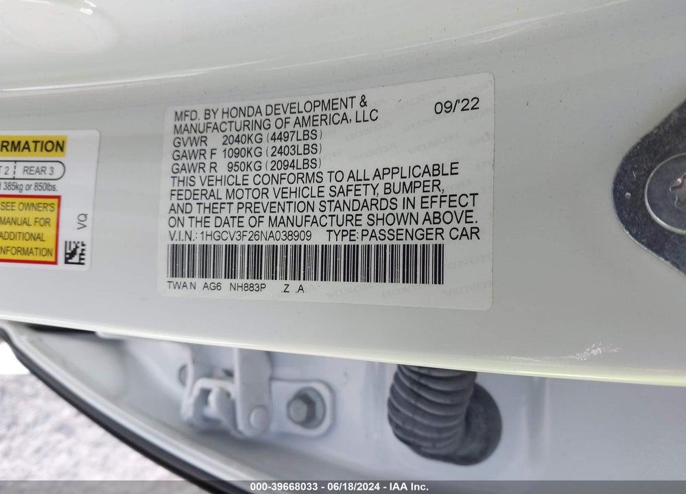 2022 HONDA ACCORD HYBRID SPORT VIN: 1HGCV3F26NA038909