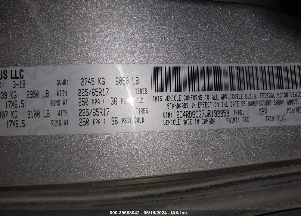2018 DODGE GRAND CARAVAN SXT VIN: 2C4RDGCG7JR192358