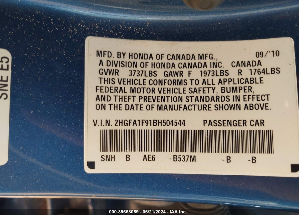 2011 HONDA CIVIC EX-L VIN: 2HGFA1F91BH504544