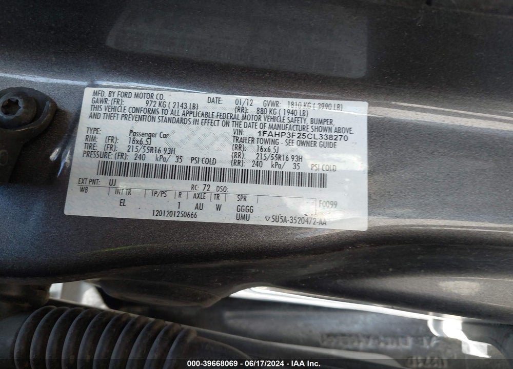 2012 FORD FOCUS SE VIN: 1FAHP3F25CL338270