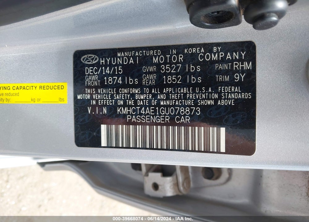 2016 HYUNDAI ACCENT VIN: KMHCT4AE1GU078873